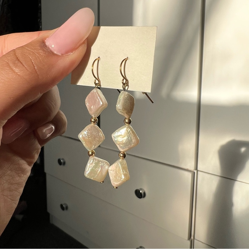 White Iridescent Diamond Shaped Beaded Lightweight Dangly Dainty Long Earrings